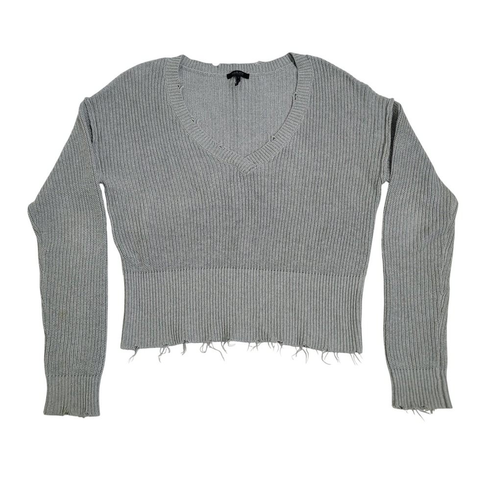 bobi BLACK Small V-Neck‎ Distressed Ribbed Cotton Sweater Womens Gray 34A-38814